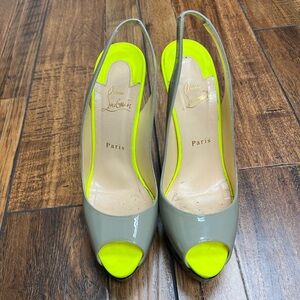 Christian Louboutin peep toe grey with neon heel slingback sandals